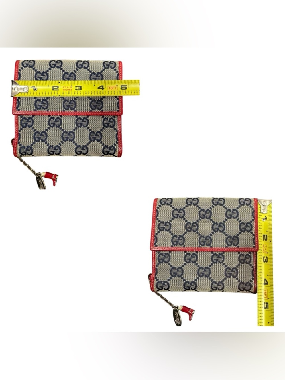 Gucci GG Monogram Navy Canvas & Red Leather Boot Charm Compact Bifold Wallet - Picture 15 of 16